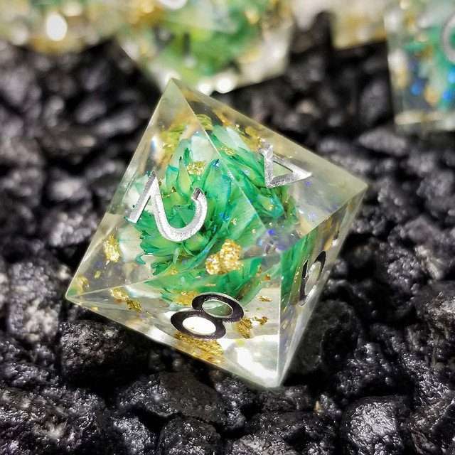 Sage’s Enchanted Flower Cyan Sharp Edge Resin Polyhedral Dice Set image 5