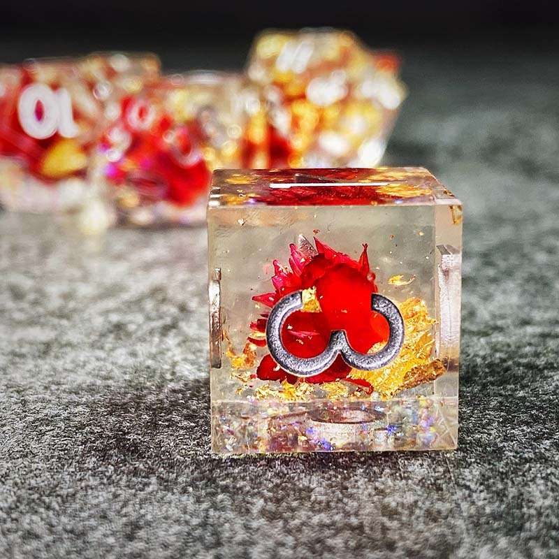 Sage’s Enchanted Flower Red/Silver Ink Sharp Edge Resin Polyhedral Dice Set image 7