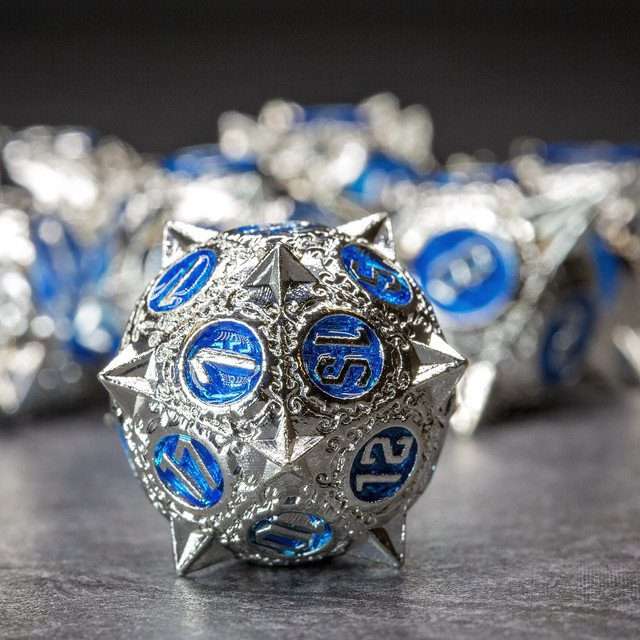 Sage's Enchanted Morningstars - Silver/Blue Metal Polyhedral Dice Set image 1