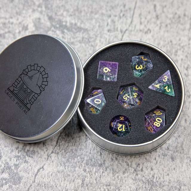 Sage's Kaleidoscopes Purple/Green Cracked Glass Gloss Finish Polyhedral Dice Set image 10