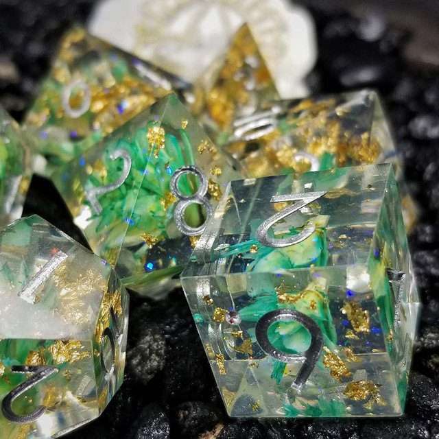 Sage’s Enchanted Flower Cyan Sharp Edge Resin Polyhedral Dice Set image 13