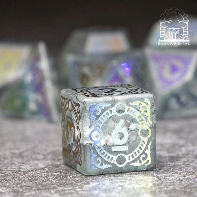 Sage's Glyphed Grey Cracked Glass Frosted Finish Polyhedral Dice Set image 6