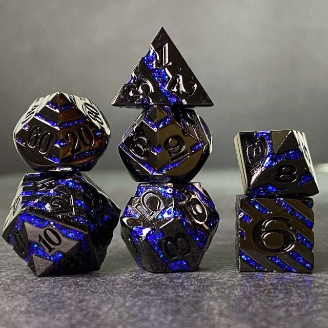 Sage's Dimension Stones - Dark Silver Glitter Blue Stripes Black Ink Metal Polyhedral Dice Set image 10