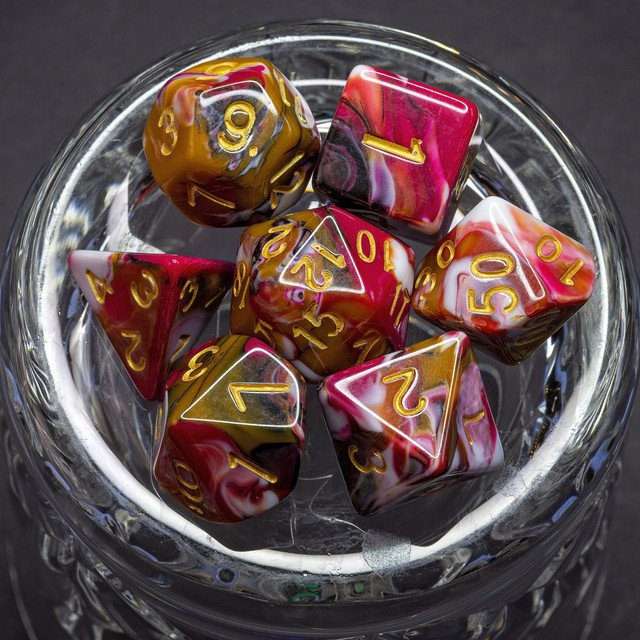 Sage's Stones - Red/Brown/White/Black Gold Ink Acrylic Polyhedral Dice Set image 2
