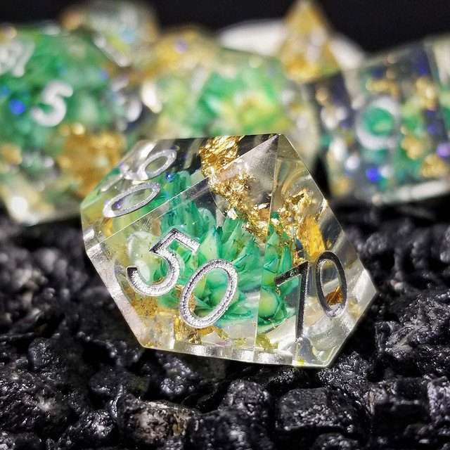 Sage’s Enchanted Flower Cyan Sharp Edge Resin Polyhedral Dice Set image 10