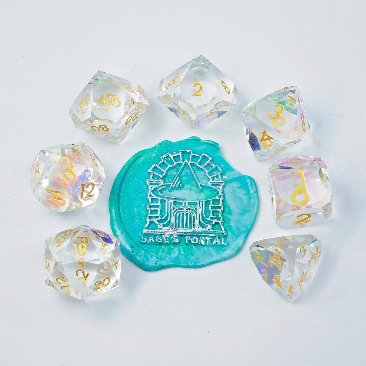 Faceted Resin DND Dice Set | Sage’s Faceted Crystals | Clear Gem Cut Design - Sage's PortalSharp Edge Resin Dice Set