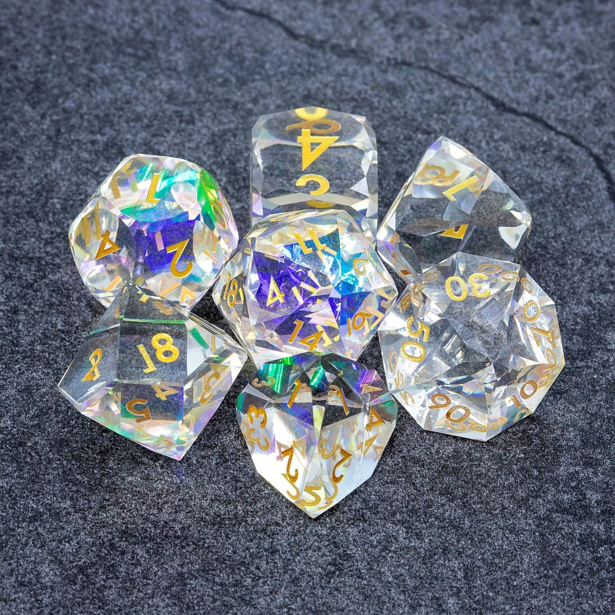 Faceted Resin DND Dice Set | Sage’s Faceted Crystals | Clear Gem Cut Design - Sage's PortalSharp Edge Resin Dice Set