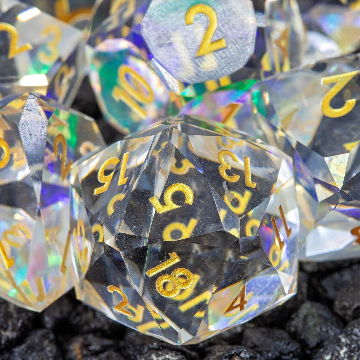 Faceted Resin DND Dice Set | Sage’s Faceted Crystals | Clear Gem Cut Design - Sage's PortalSharp Edge Resin Dice Set
