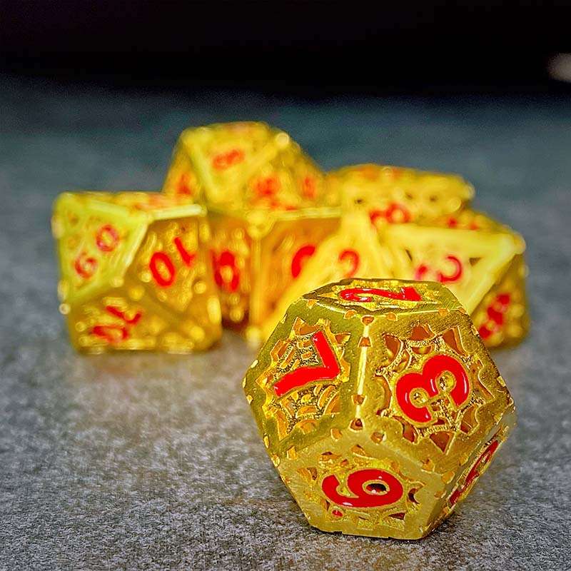 Sage's Gnomish Trinkets - Hollow Gold Spider Trinket Red Ink Metal Polyhedral Dice Set image 2