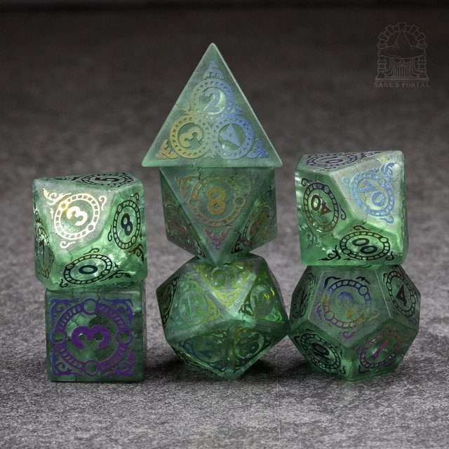 Sage's Glyphed Green Cracked Glass Frosted Finish Polyhedral Dice Set image 8