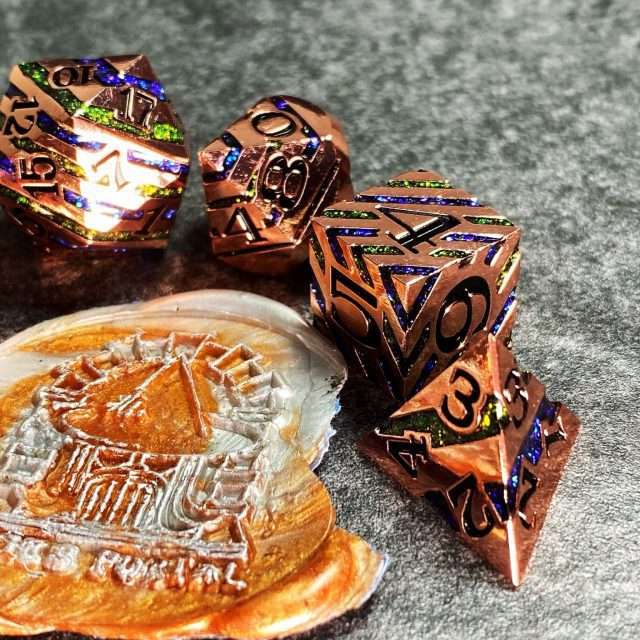 Sage's Dimension Stones - Copper Blue/Green Glitter Stripes Metal Polyhedral Dice Set image 7