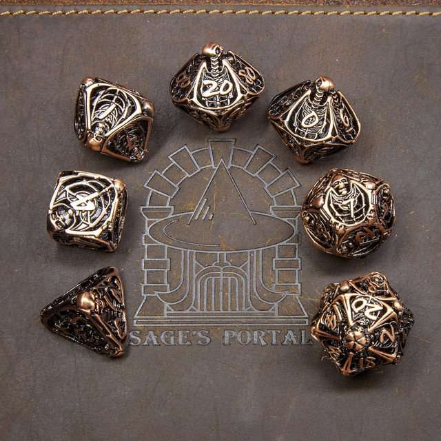 Sage's Macabre Bone Trinket Copper Hollow Metal Polyhedral Dice Set image 8