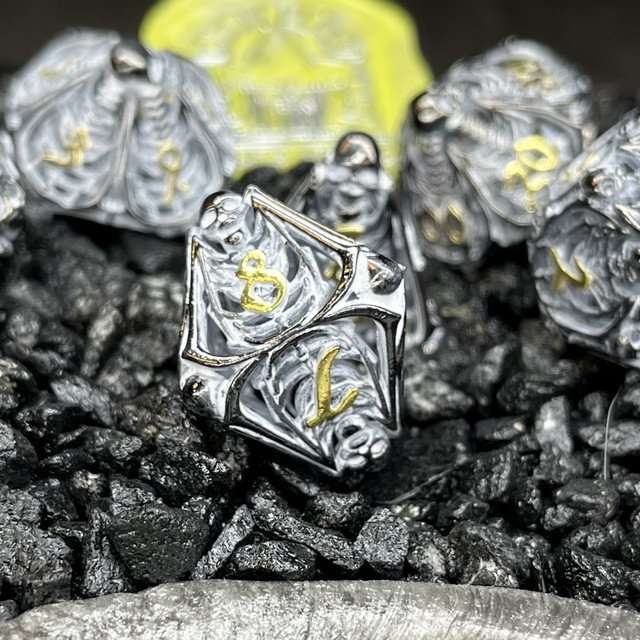 Sage's Macabre Bone Trinket Chalk White Inlay Black/Gold Hollow Metal Polyhedral Dice Set image 6