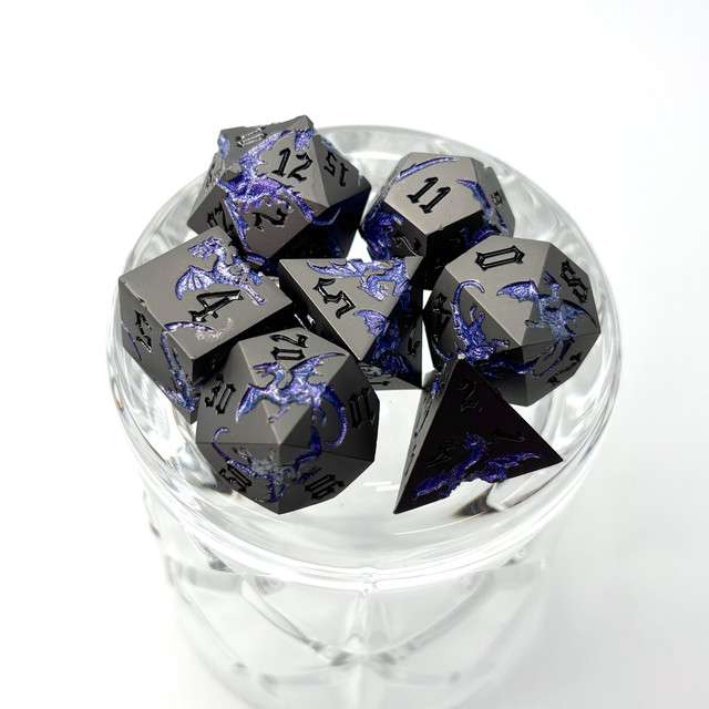 Sage’s Dragon Etchings Black/Purple Metal Polyhedral Dice Set image 8