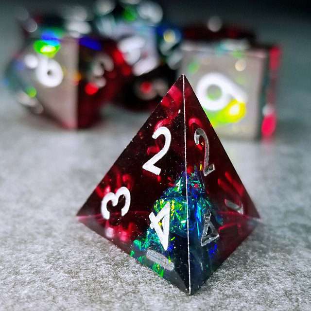 Sage's Enchanted Crystals Red/Green Holo Foil Silver Ink Sharp Edge Resin Polyhedral Dice Set image 5