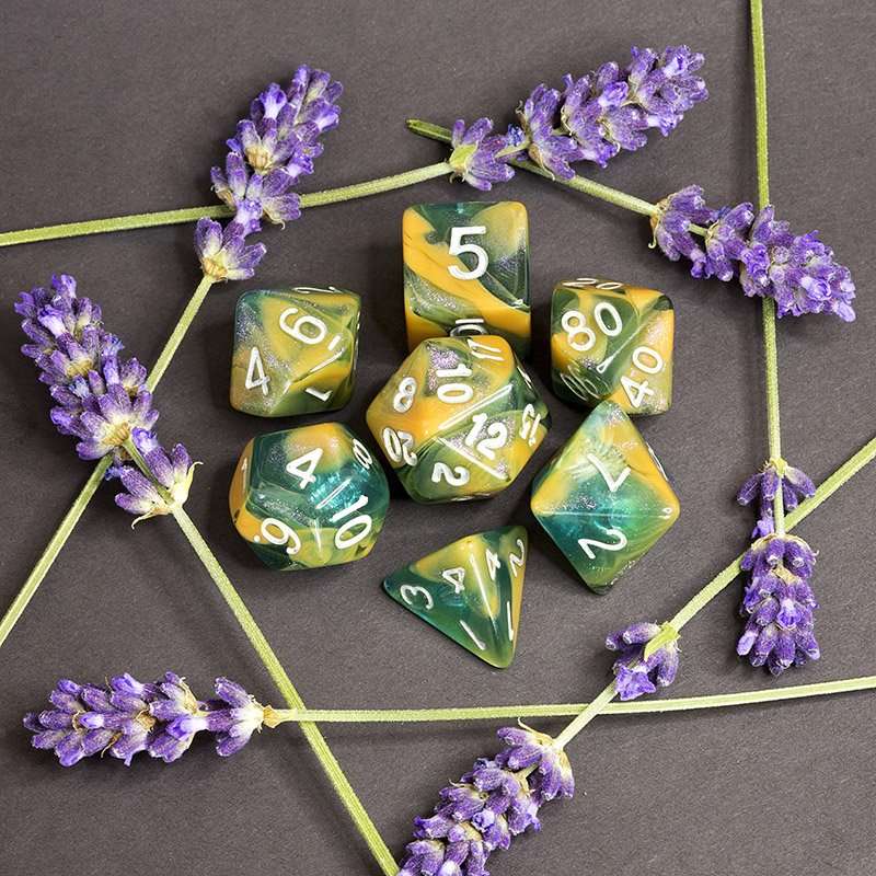 Sage's Shards - Caramel/Green/Turquoise Glitter and Silver Ink Acrylic Polyhedral Dice Set image 9