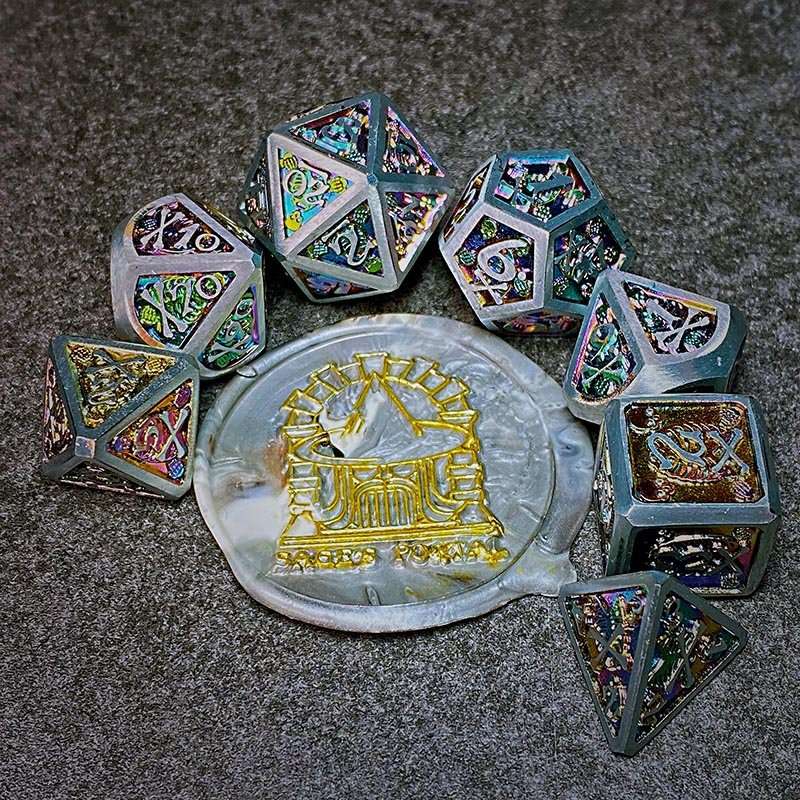 Sage's Grim's Fortunes - Silver/Holo Skull-Bones Metal Polyhedral Dice Set image 0