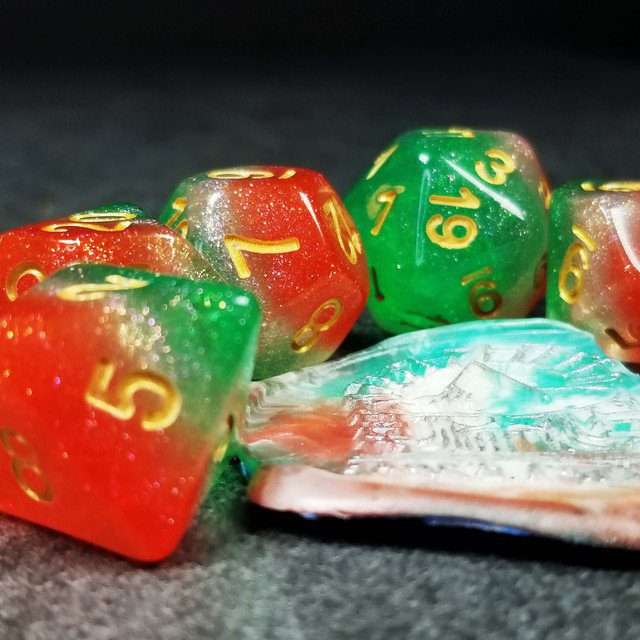 Sage’s Cantrips - Red/White/Green Watermelon Resin Polyhedral Dice Set image 14
