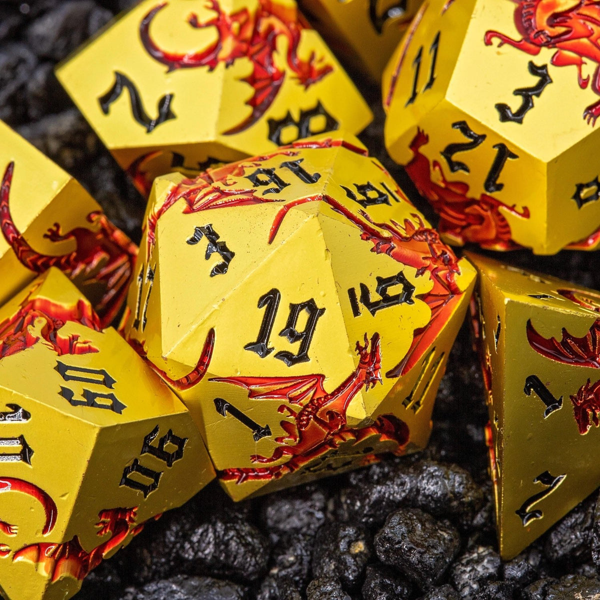 Gold Metal DND Dice Set | Sage’s Dragon Etchings | Red Engraved Dragons Polyhedral Dice - Sage's PortalMetal Dice Set