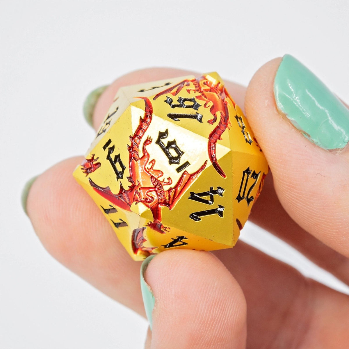 Gold Metal DND Dice Set | Sage’s Dragon Etchings | Red Engraved Dragons Polyhedral Dice - Sage's PortalMetal Dice Set