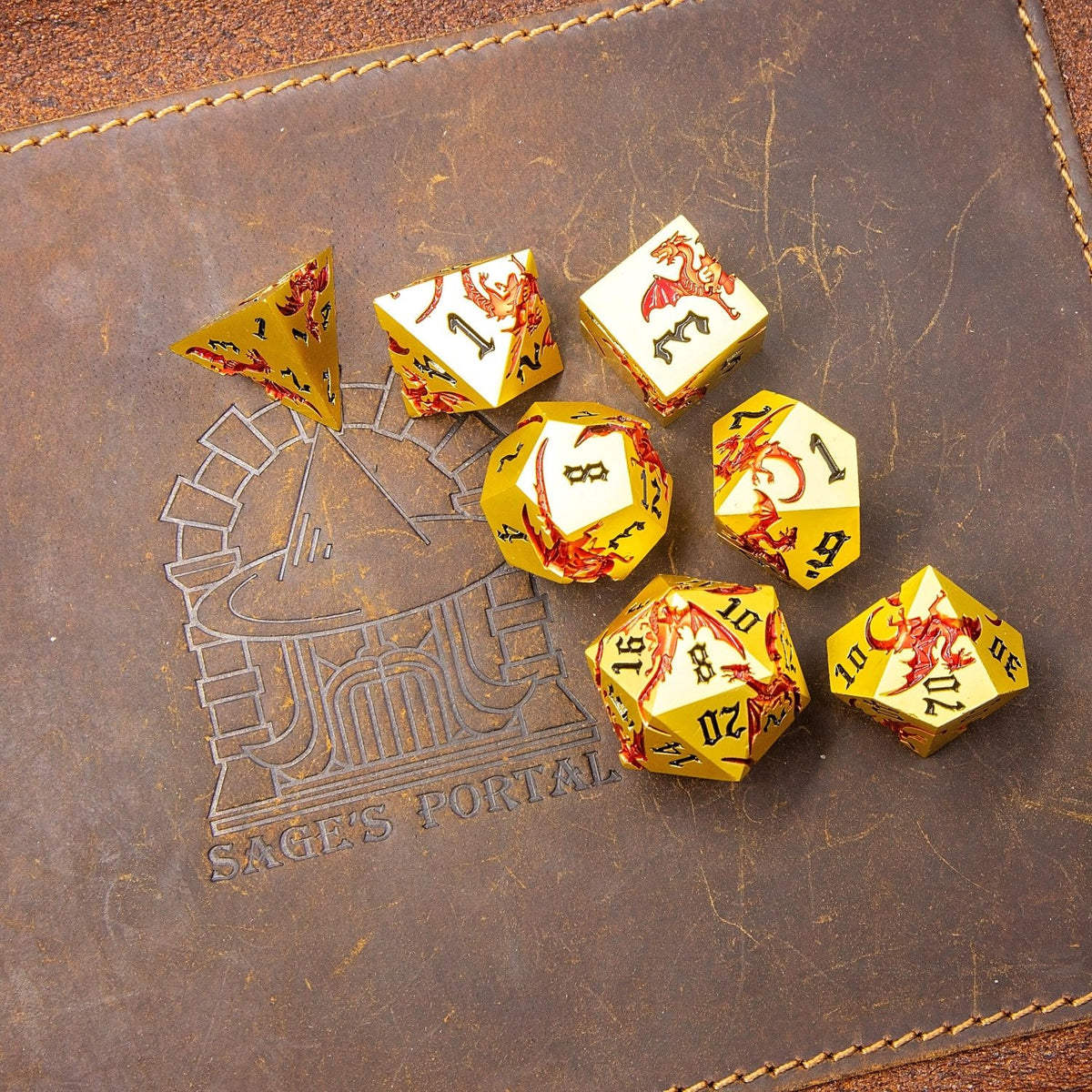 Gold Metal DND Dice Set | Sage’s Dragon Etchings | Red Engraved Dragons Polyhedral Dice - Sage's PortalMetal Dice Set