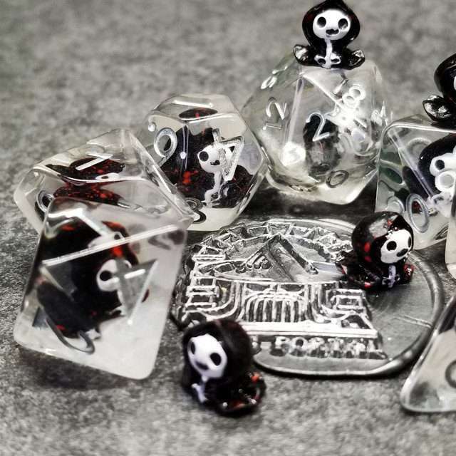 Grim Reaper DND Resin Dice Set | Sage's Familiars + Optional Matching Figurine | Necromancer Death Themed Polyhedral Dice - Sage's PortalResin Dice + Figurine Set