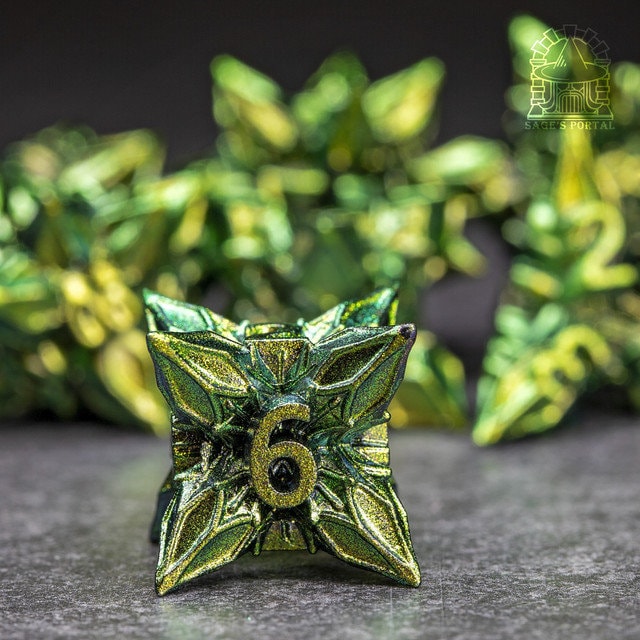 Sage’s Deadly Blossoms Green Metal Polyhedral Dice Set | Dungeons Dragons DnD Pathfinder RPG