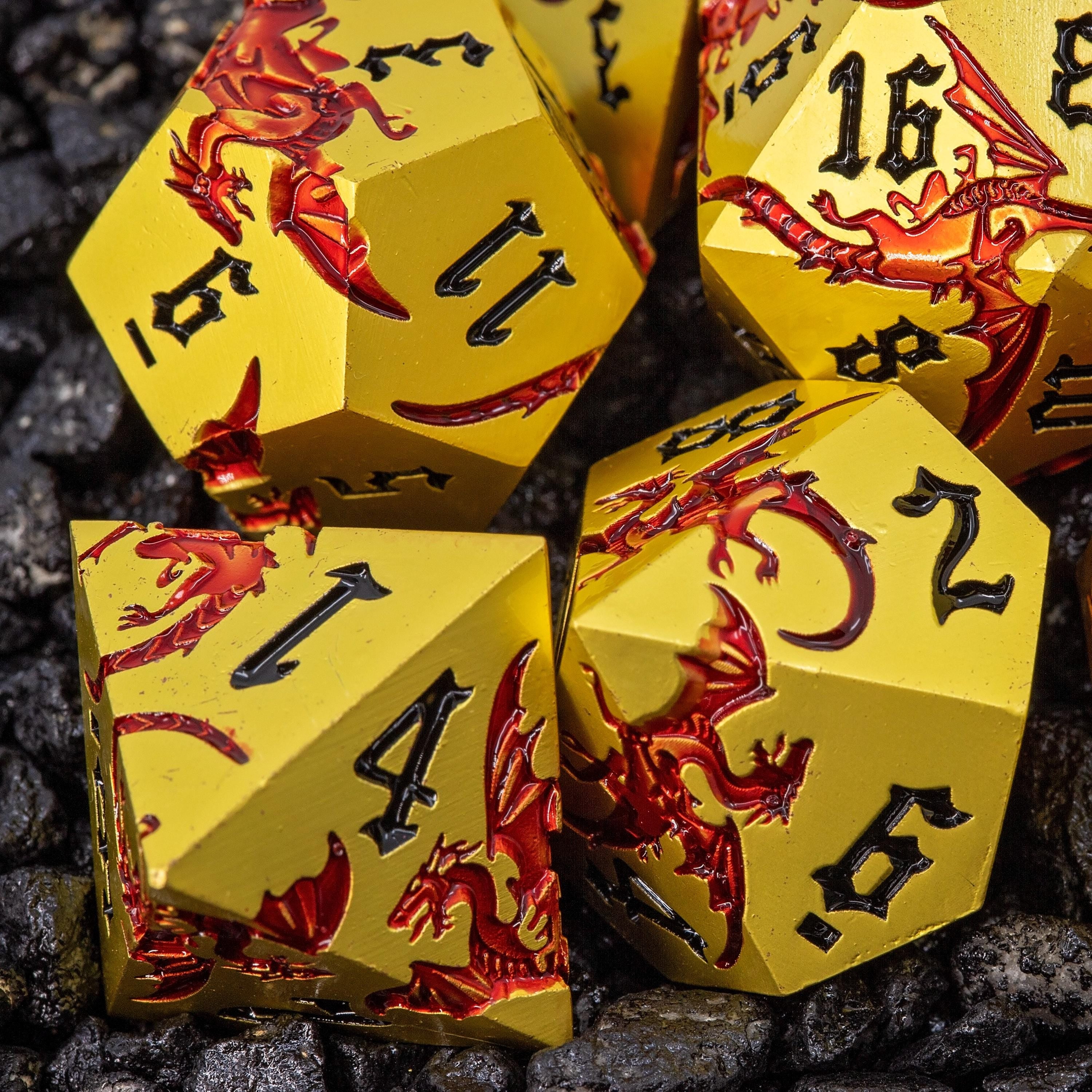 Gold Metal DND Dice Set | Sage’s Dragon Etchings | Red Engraved Dragons Polyhedral Dice