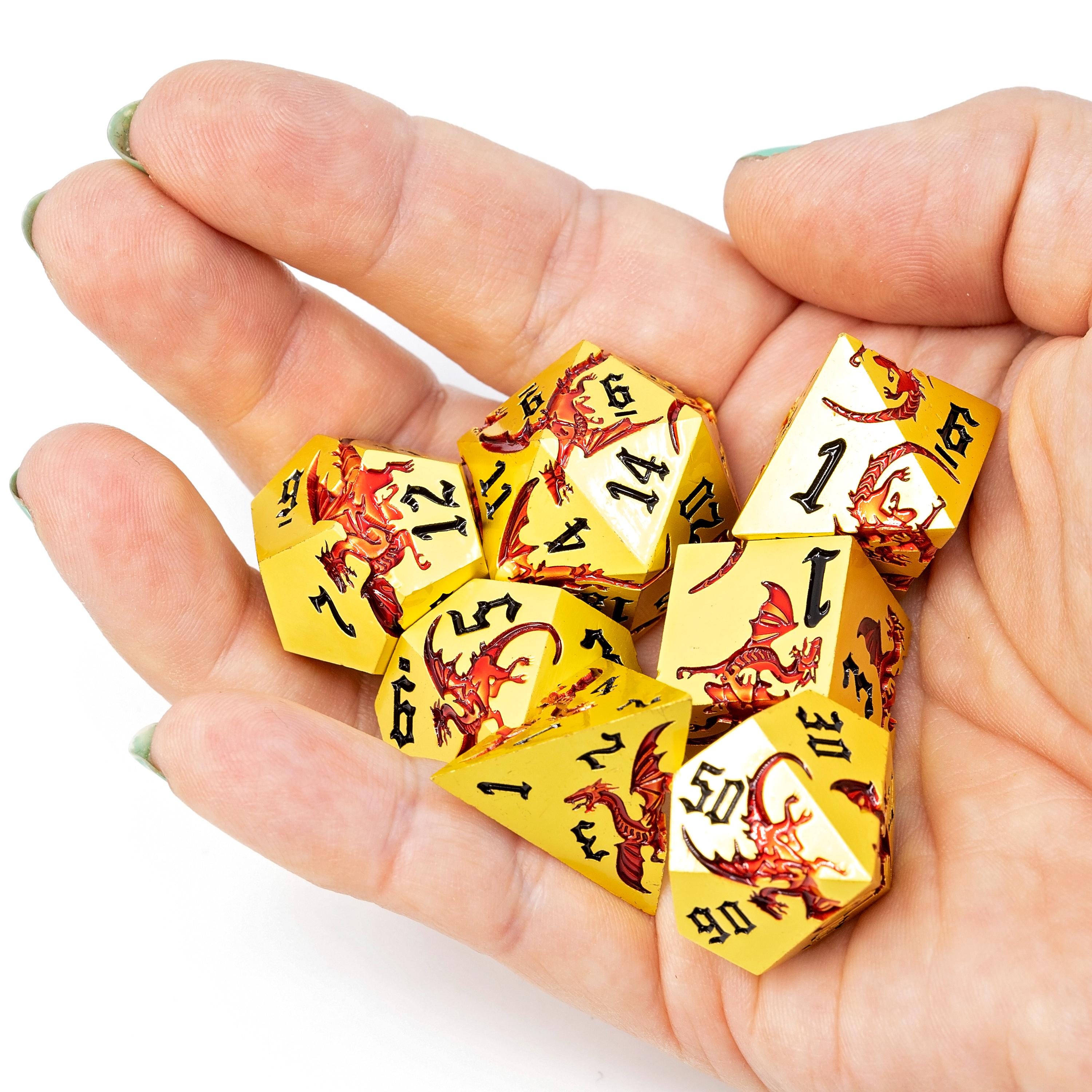 Gold Metal DND Dice Set | Sage’s Dragon Etchings | Red Engraved Dragons Polyhedral Dice