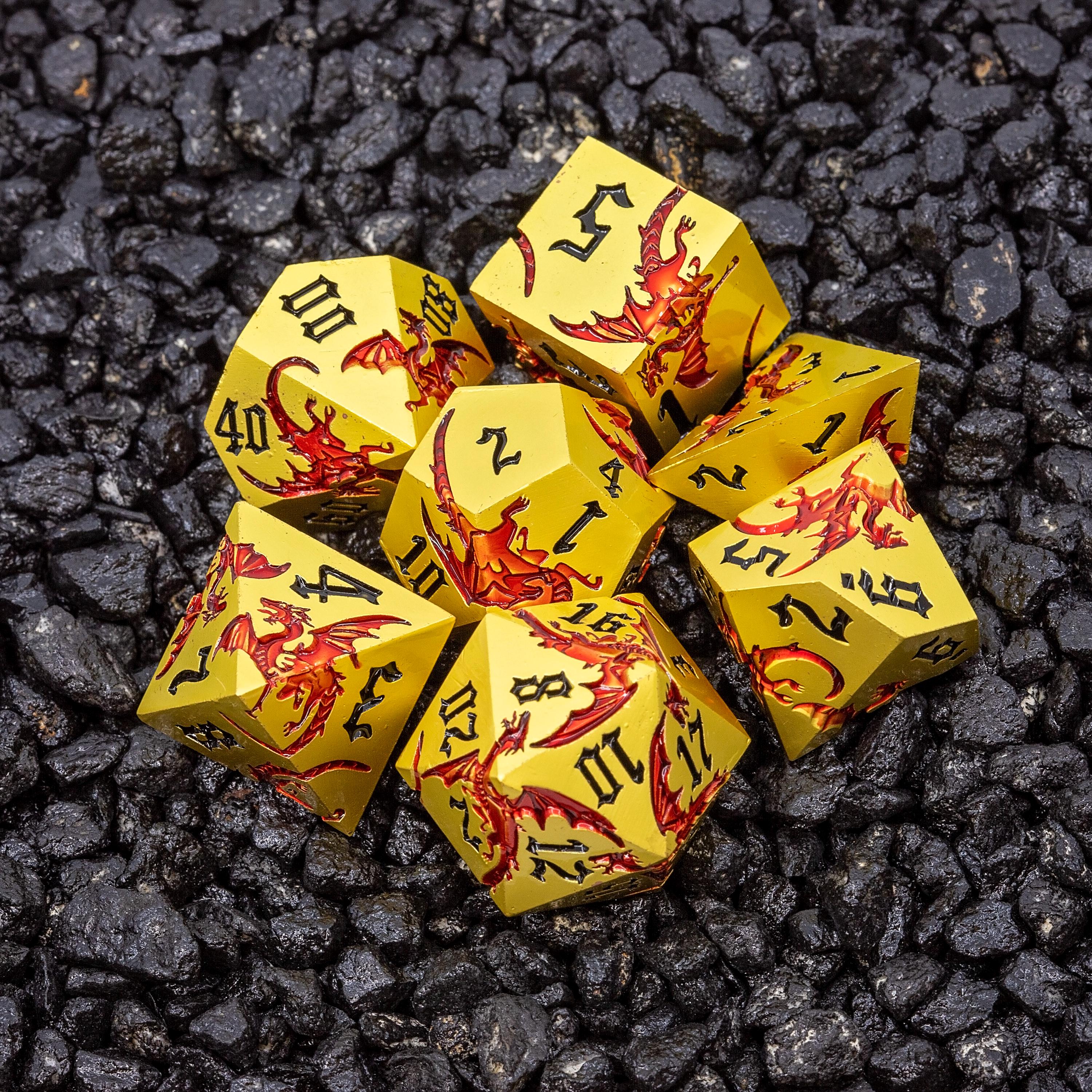 Gold Metal DND Dice Set | Sage’s Dragon Etchings | Red Engraved Dragons Polyhedral Dice