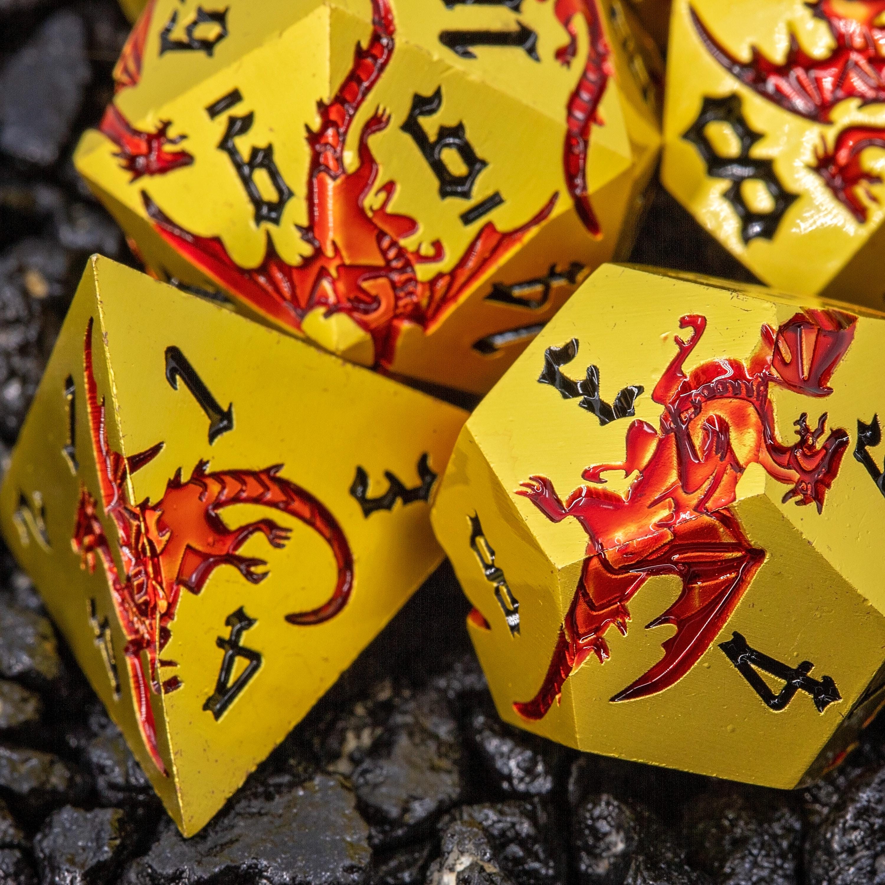 Gold Metal DND Dice Set | Sage’s Dragon Etchings | Red Engraved Dragons Polyhedral Dice