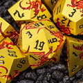 Gold Metal DND Dice Set | Sage’s Dragon Etchings | Red Engraved Dragons Polyhedral Dice