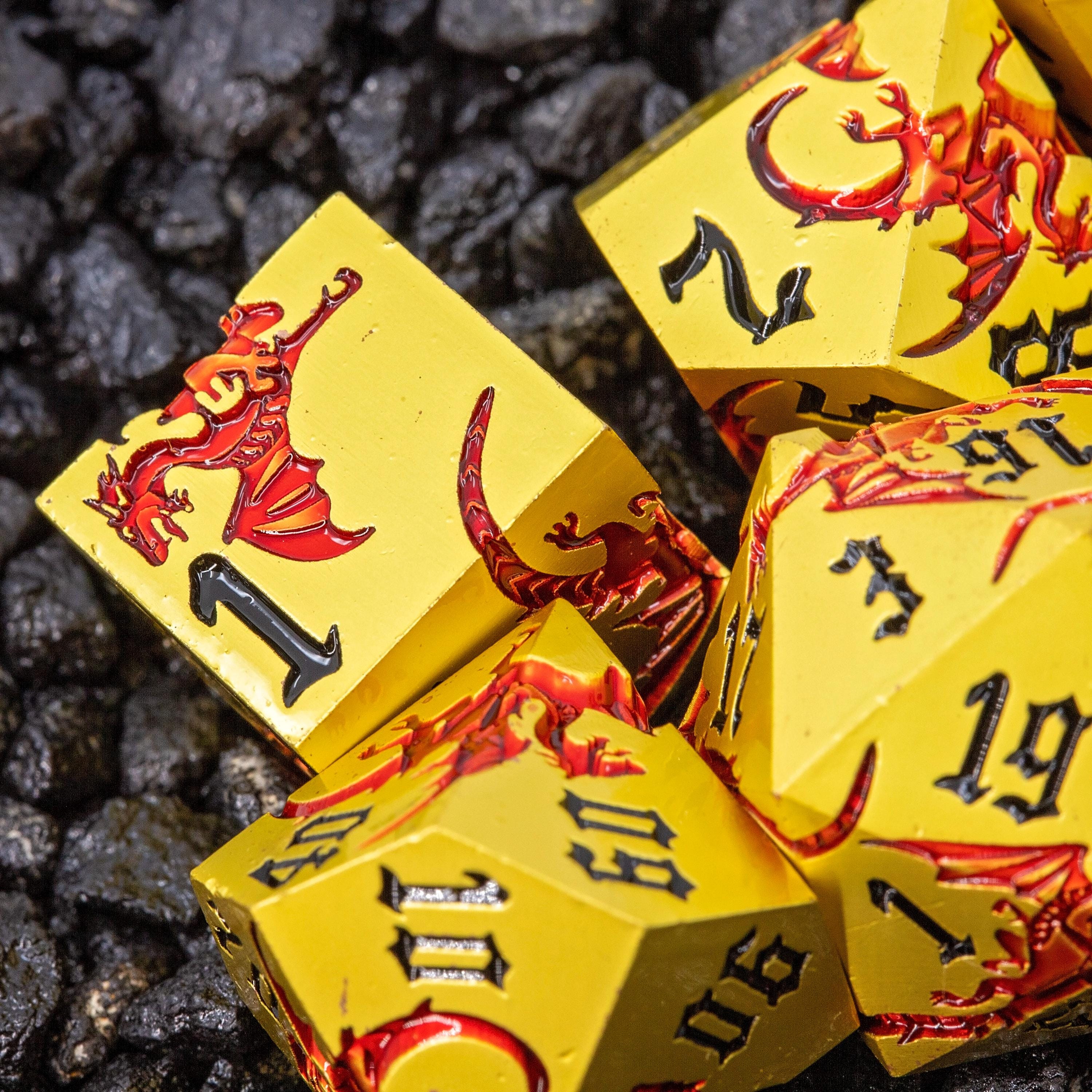 Gold Metal DND Dice Set | Sage’s Dragon Etchings | Red Engraved Dragons Polyhedral Dice