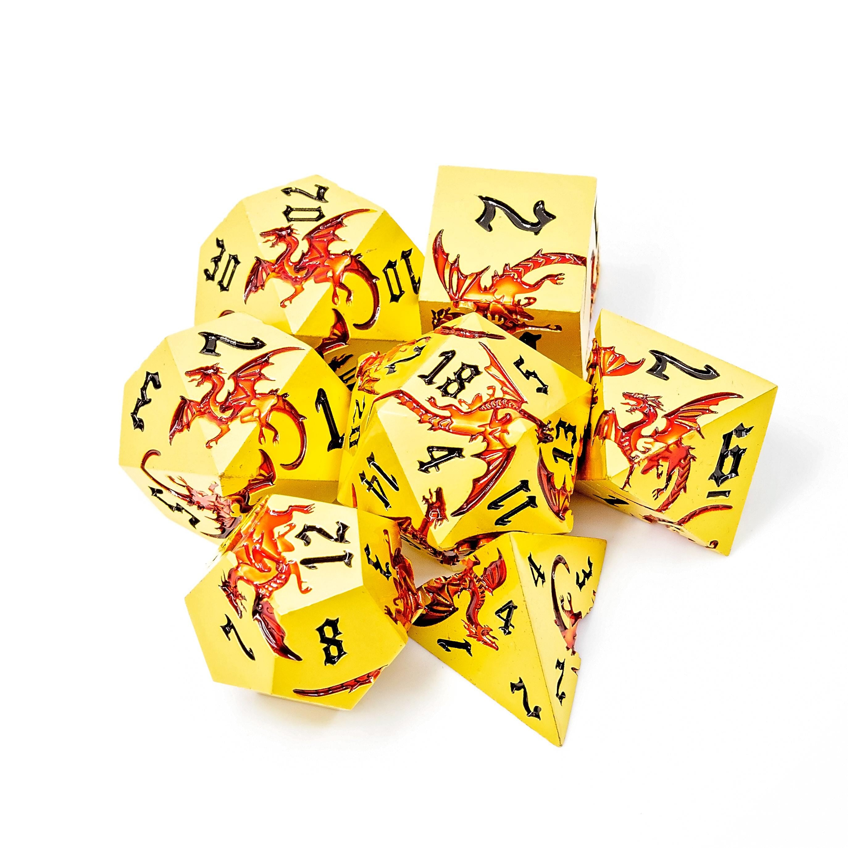 Gold Metal DND Dice Set | Sage’s Dragon Etchings | Red Engraved Dragons Polyhedral Dice
