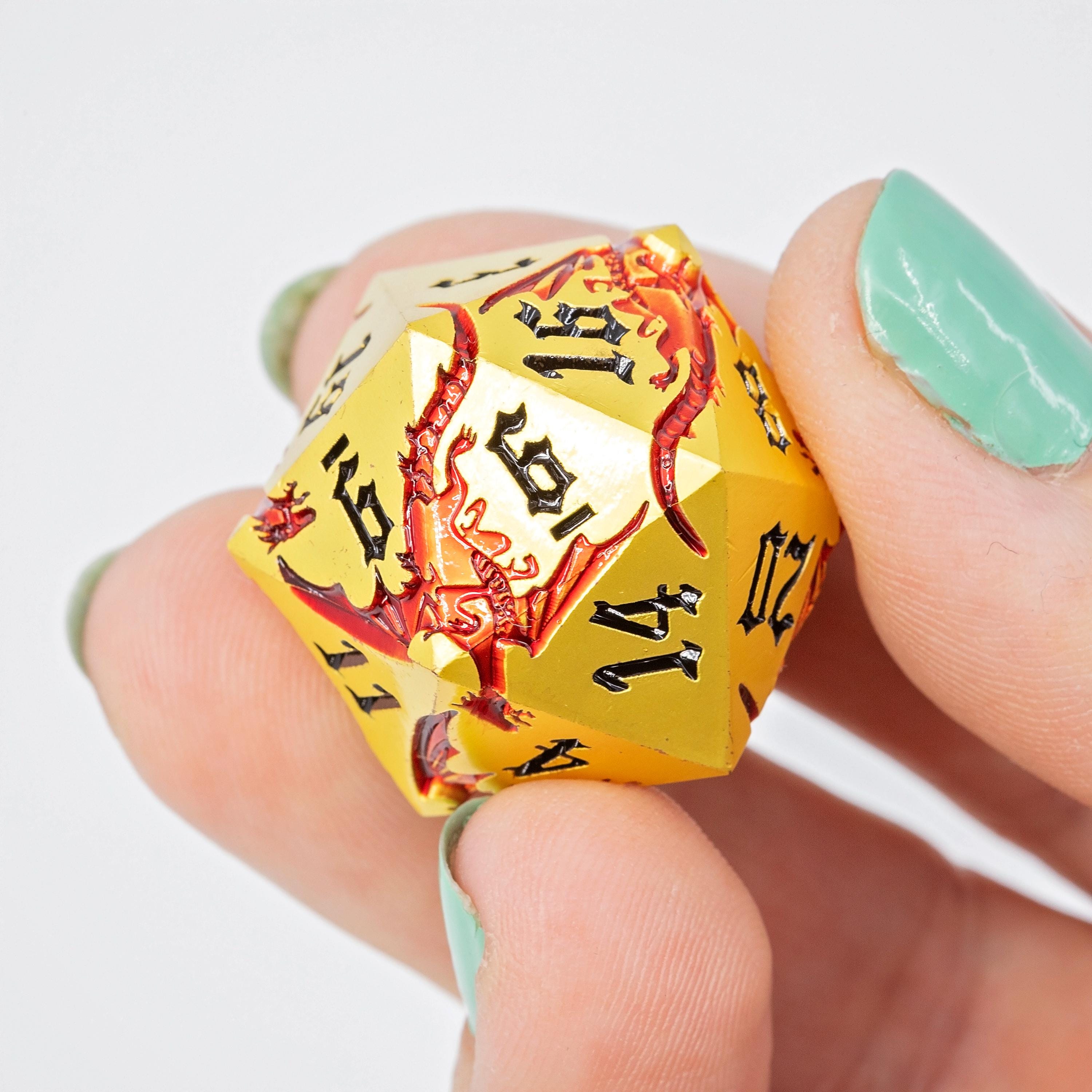 Gold Metal DND Dice Set | Sage’s Dragon Etchings | Red Engraved Dragons Polyhedral Dice