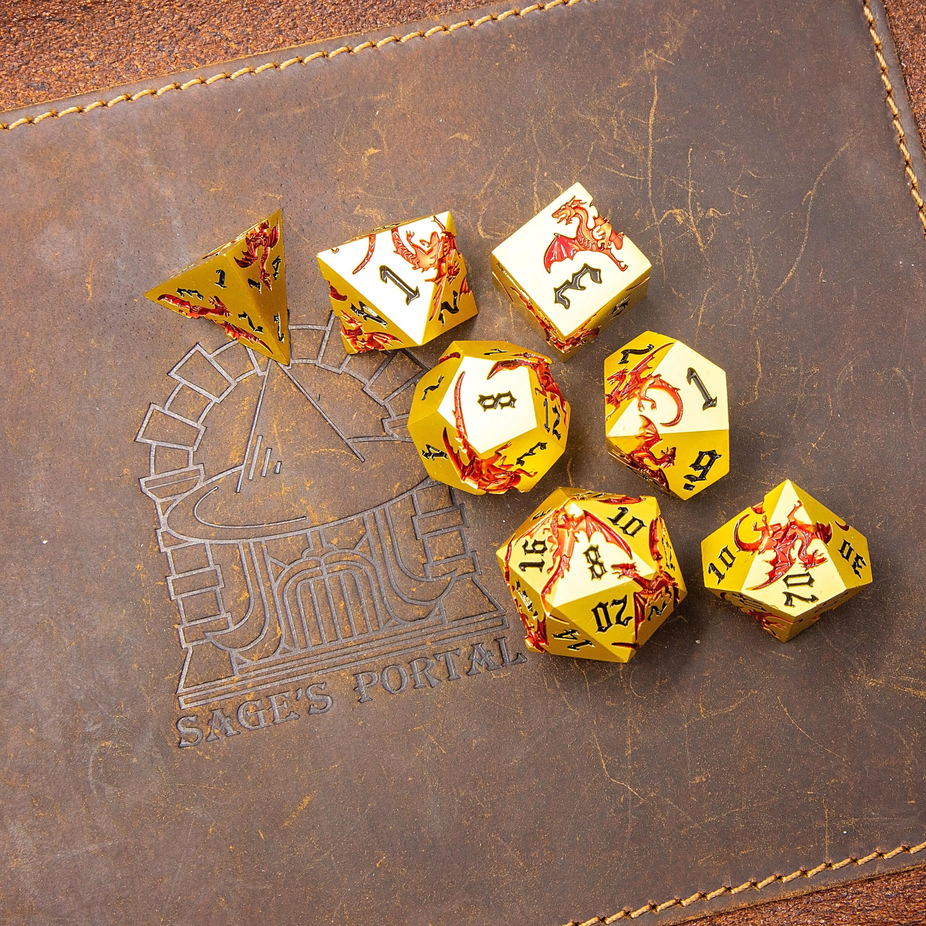 Gold Metal DND Dice Set | Sage’s Dragon Etchings | Red Engraved Dragons Polyhedral Dice