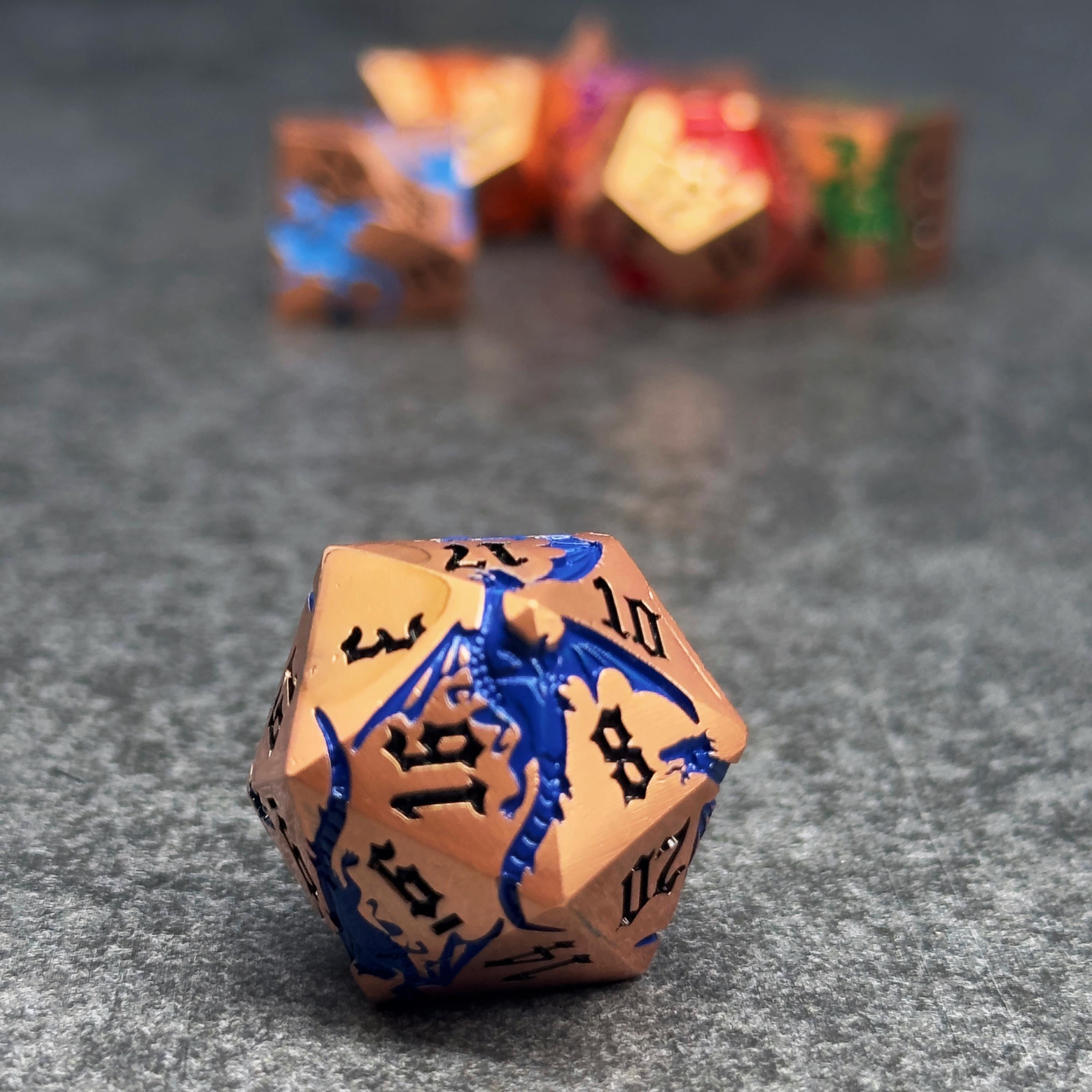 Metal DND Dice Set | Sage’s Chromatic Dragon Etchings | Rainbow Engraved Dragons Polyhedral Dice