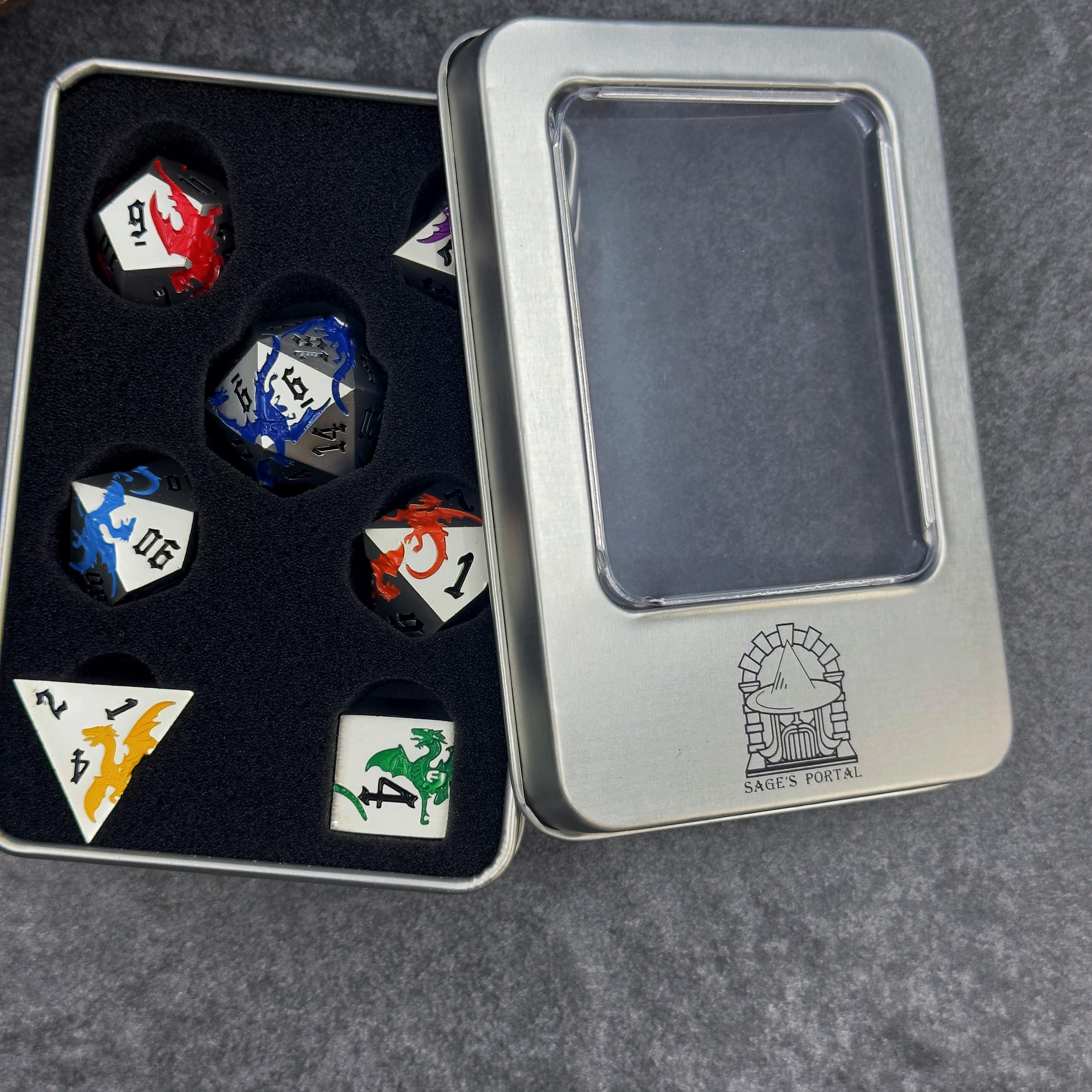 Metal DND Dice Set | Sage’s Chromatic Dragon Etchings | Rainbow Engraved Dragons Polyhedral Dice