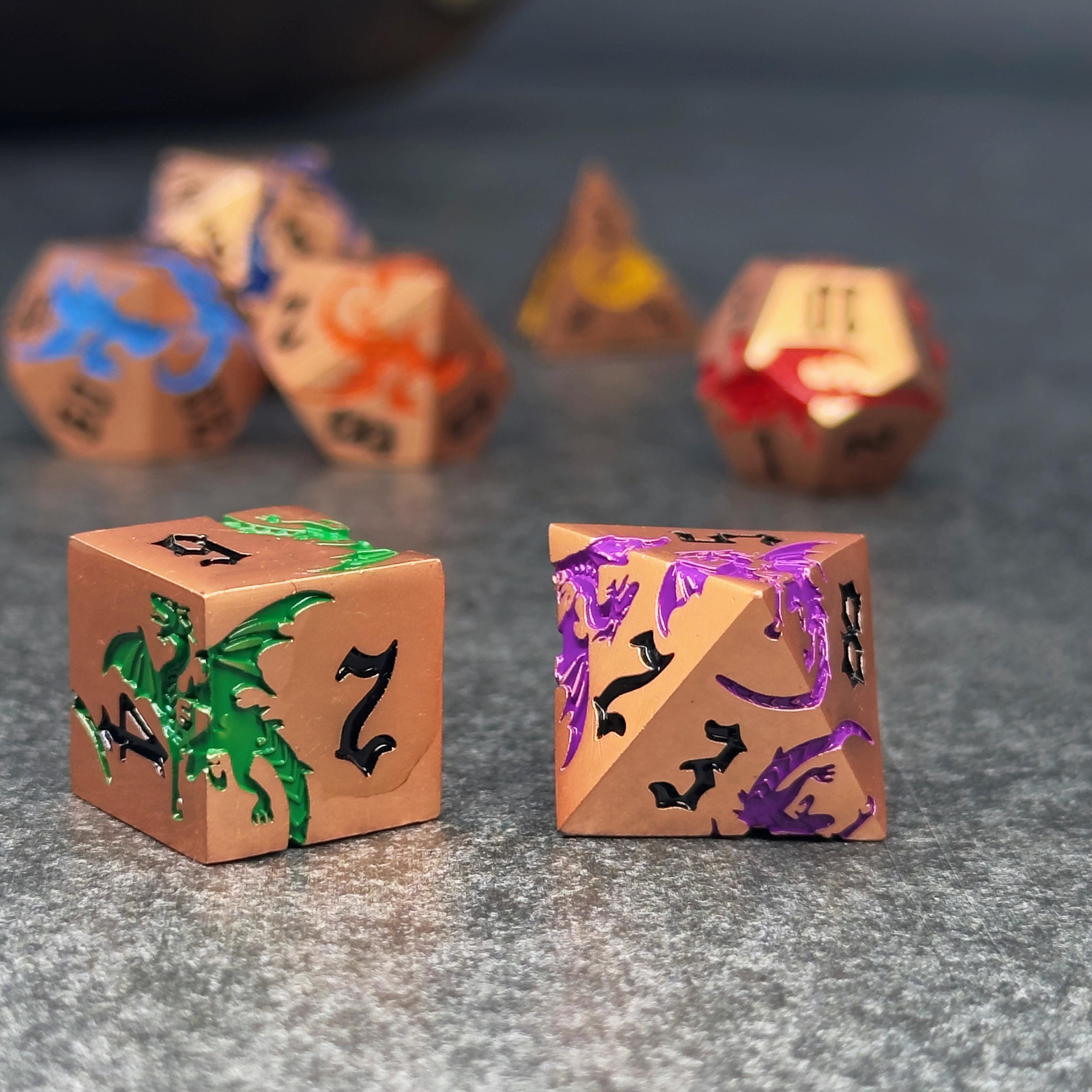 Metal DND Dice Set | Sage’s Chromatic Dragon Etchings | Rainbow Engraved Dragons Polyhedral Dice