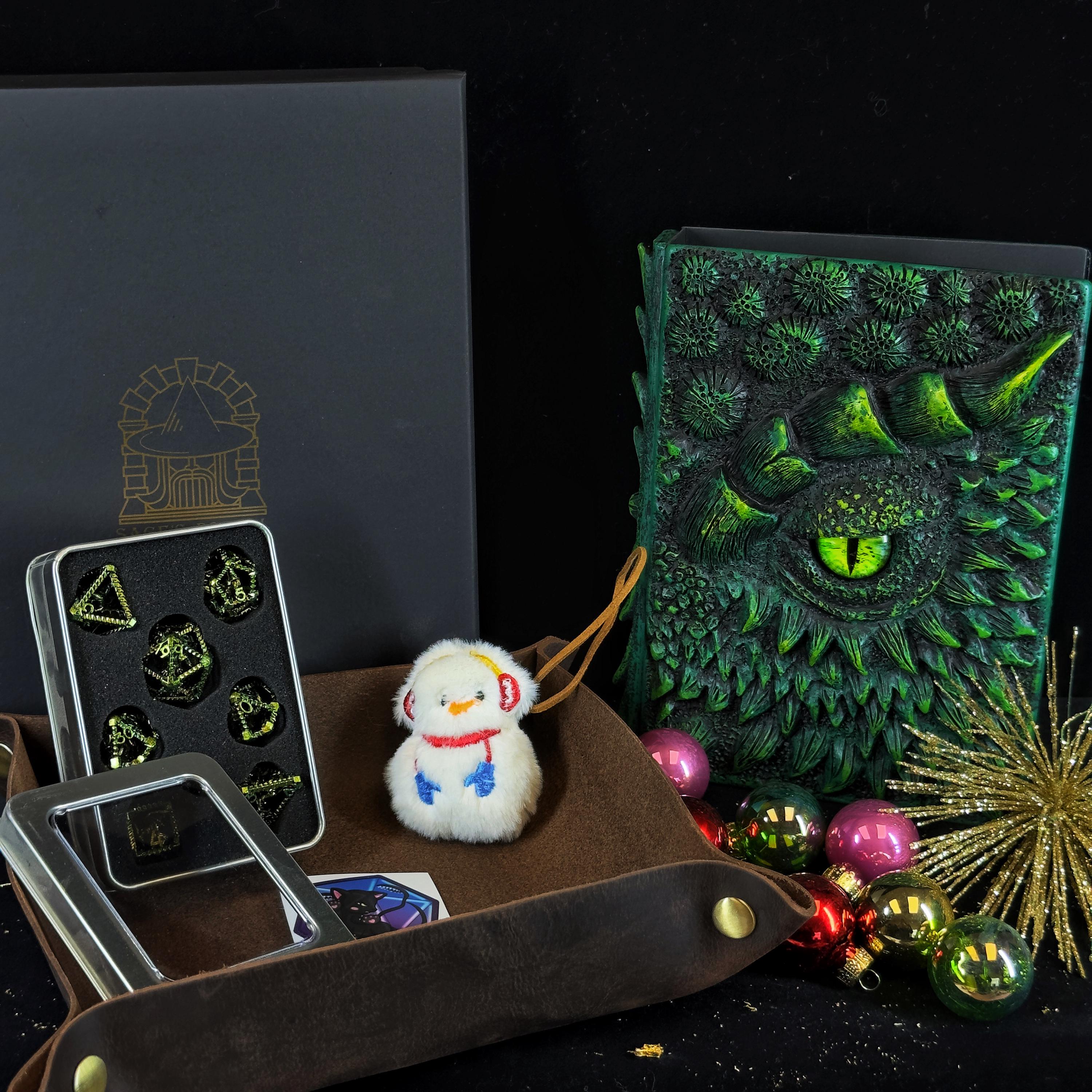 Sage's Christmas Notebook & Dice Gift Bundle | Dragon Journal, Dice Set, Leather Tray and Toy