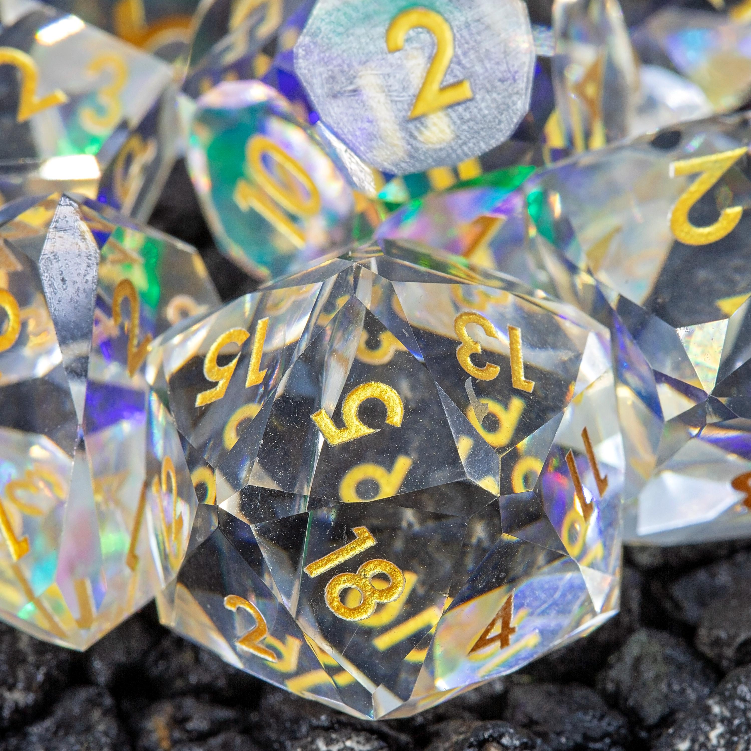 Faceted Resin DND Dice Set | Sage’s Faceted Crystals | Clear Gem Cut Design