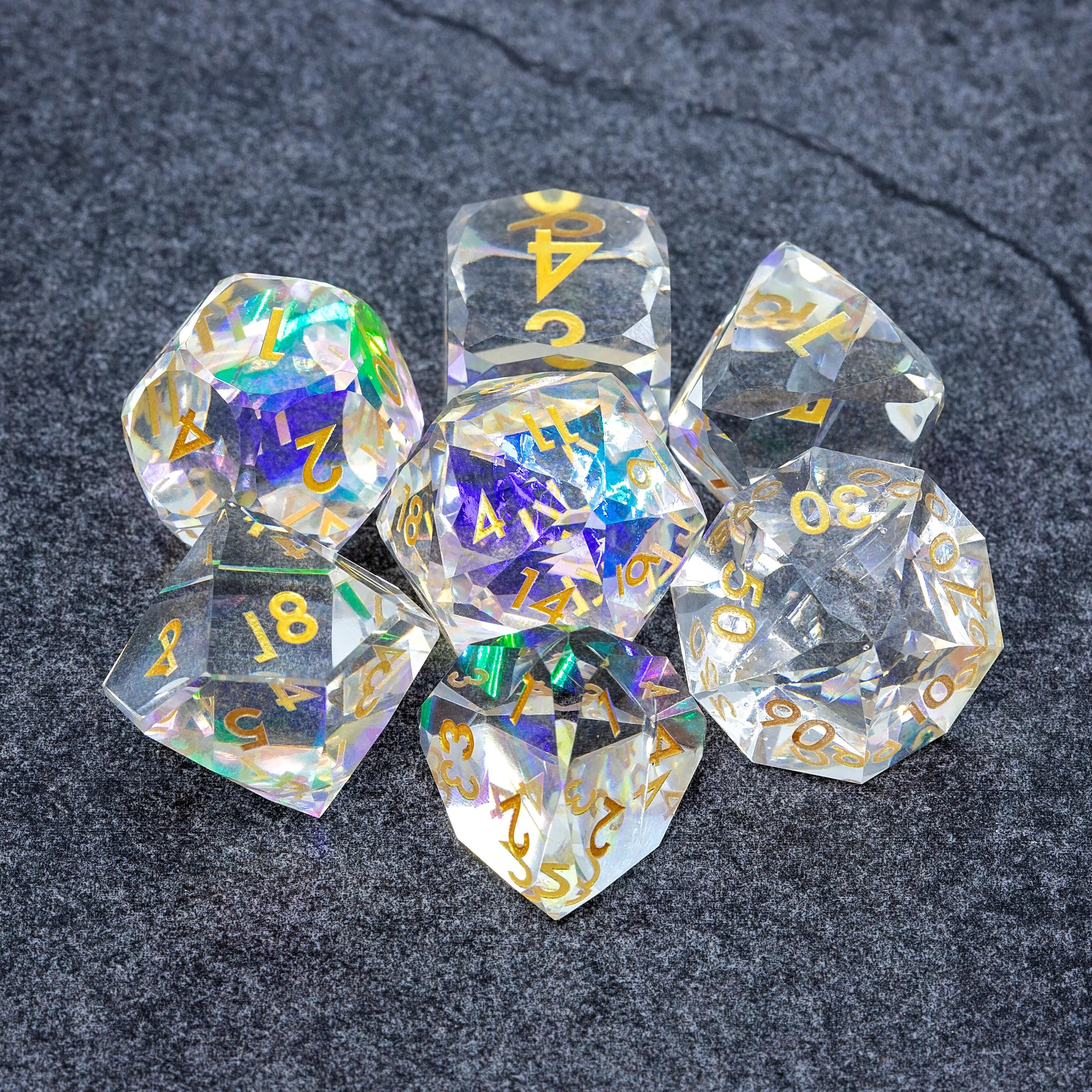 Faceted Resin DND Dice Set | Sage’s Faceted Crystals | Clear Gem Cut Design