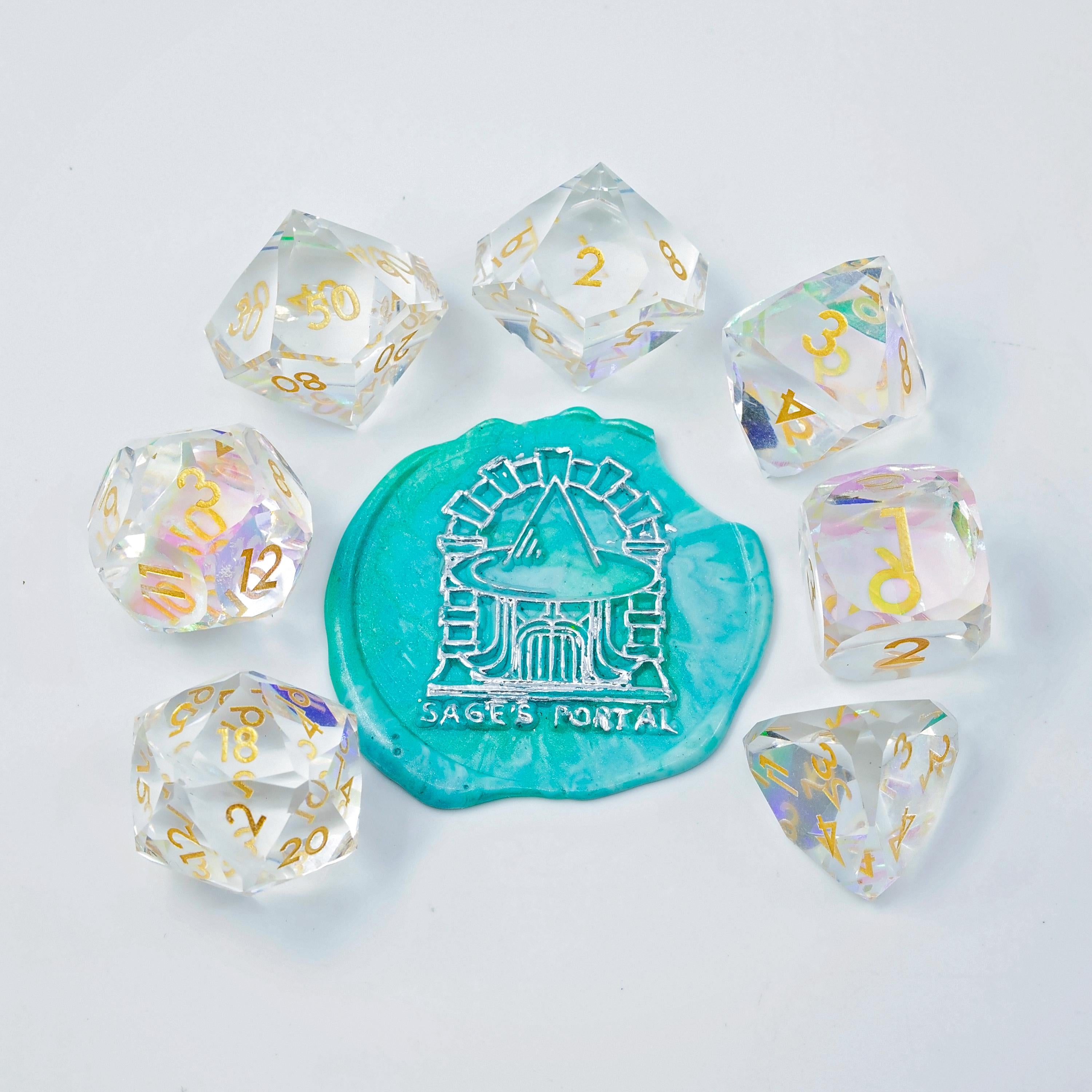 Faceted Resin DND Dice Set | Sage’s Faceted Crystals | Clear Gem Cut Design