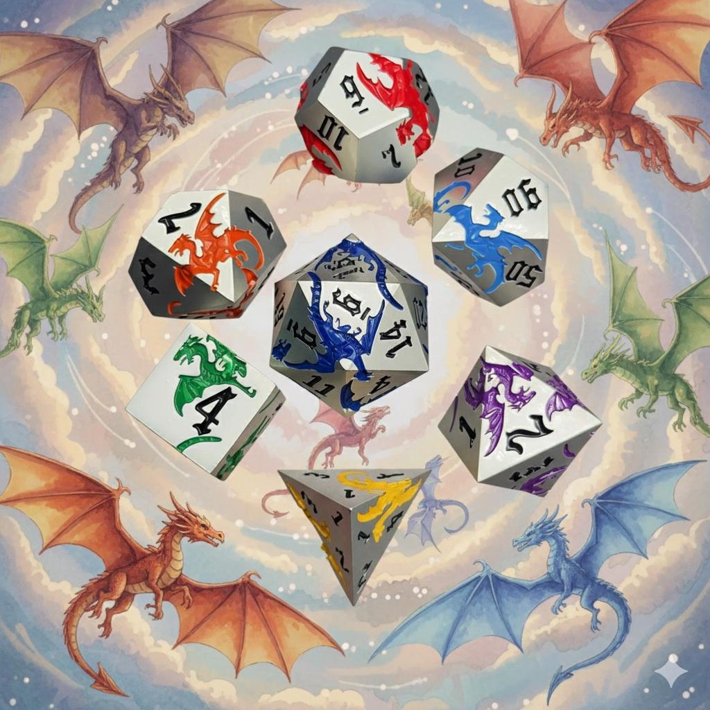Metal DND Dice Set | Sage’s Chromatic Dragon Etchings | Rainbow Engraved Dragons Polyhedral Dice