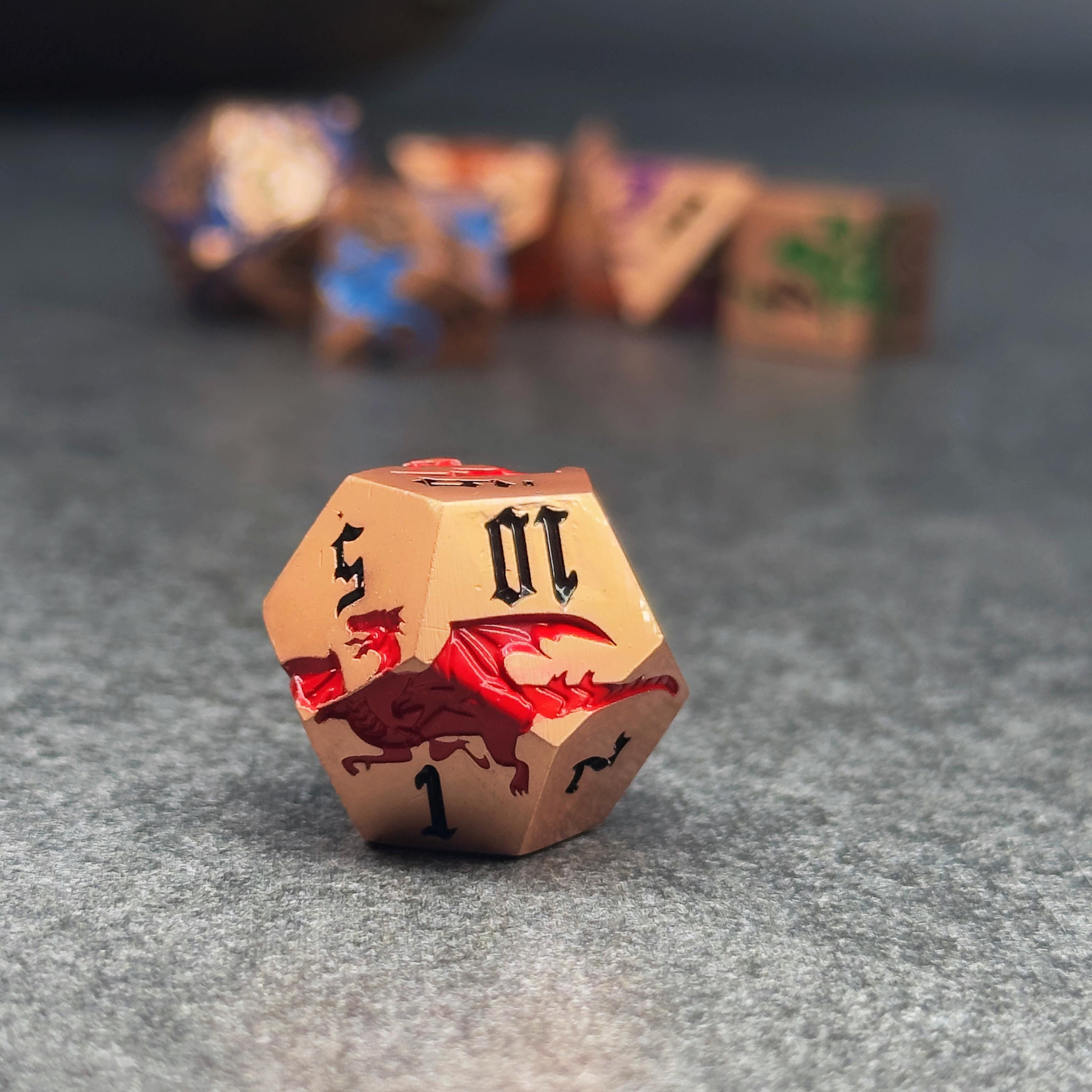 Metal DND Dice Set | Sage’s Chromatic Dragon Etchings | Rainbow Engraved Dragons Polyhedral Dice