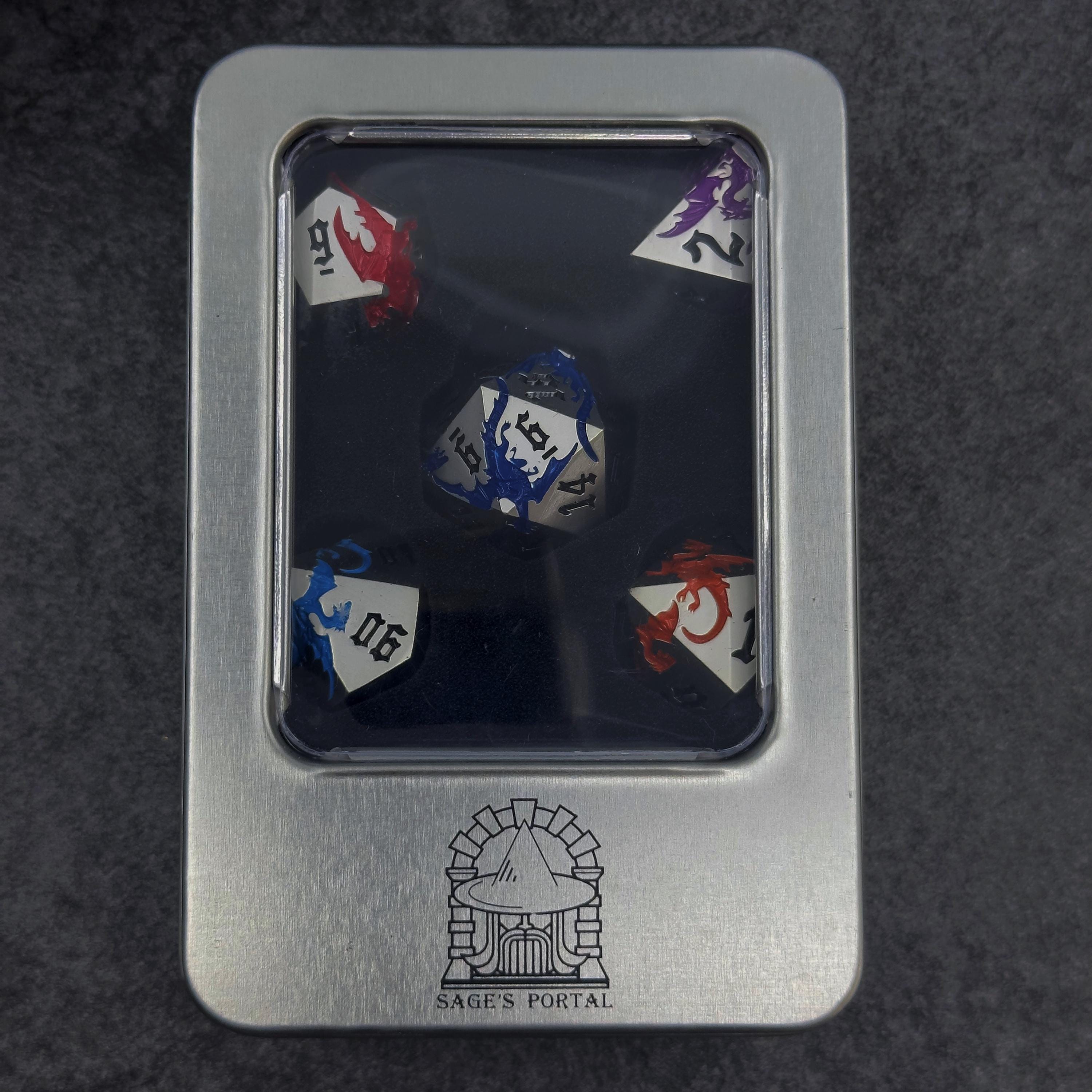 Metal DND Dice Set | Sage’s Chromatic Dragon Etchings | Rainbow Engraved Dragons Polyhedral Dice