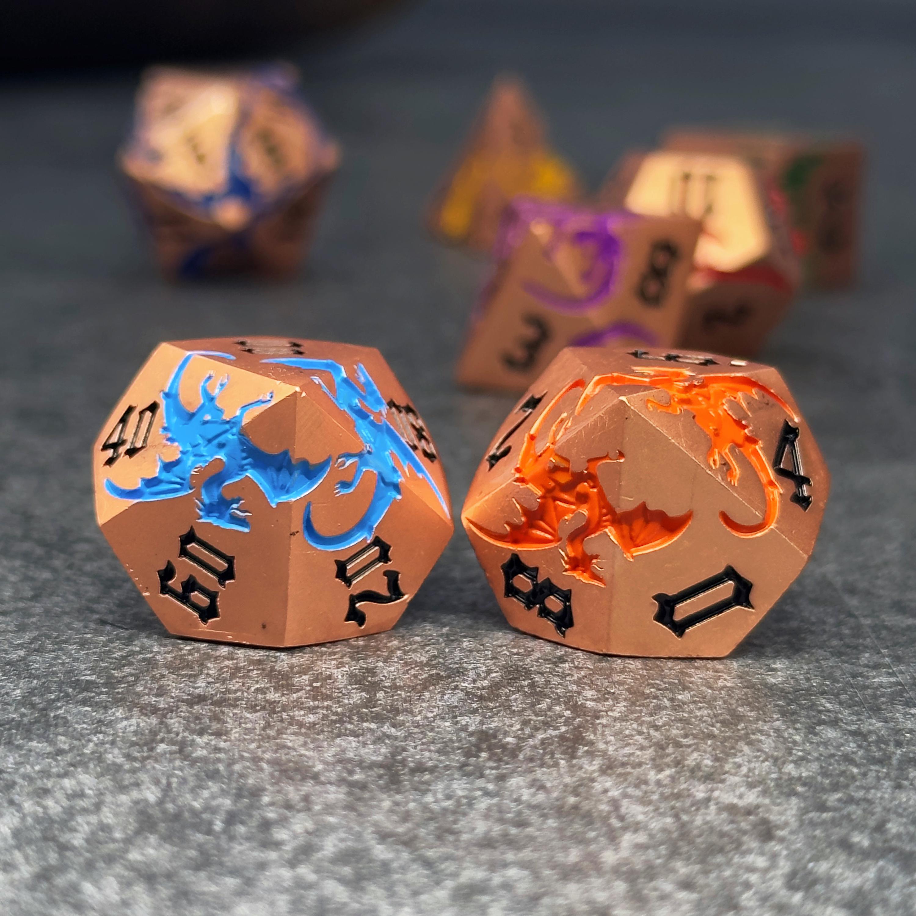 Metal DND Dice Set | Sage’s Chromatic Dragon Etchings | Rainbow Engraved Dragons Polyhedral Dice