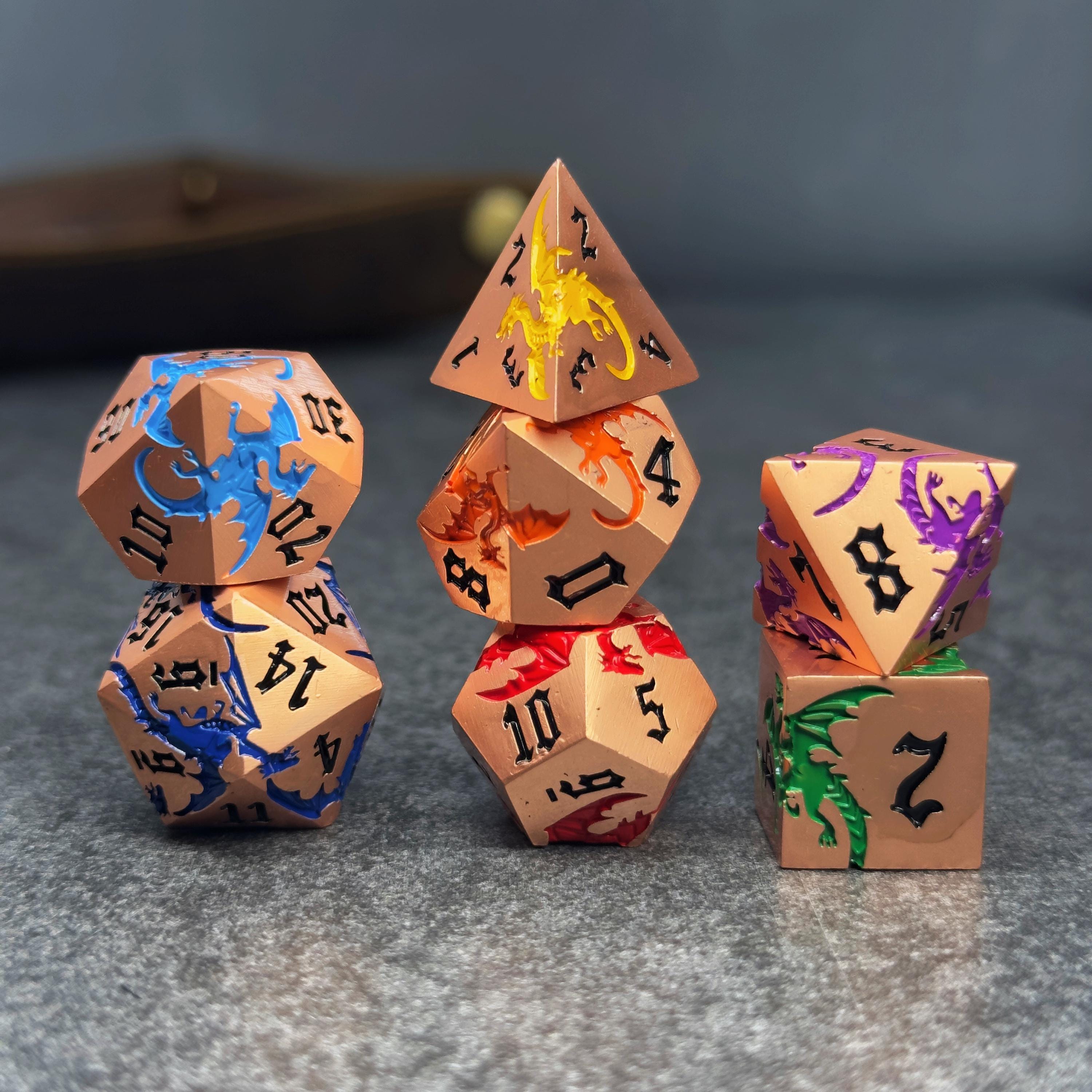 Metal DND Dice Set | Sage’s Chromatic Dragon Etchings | Rainbow Engraved Dragons Polyhedral Dice