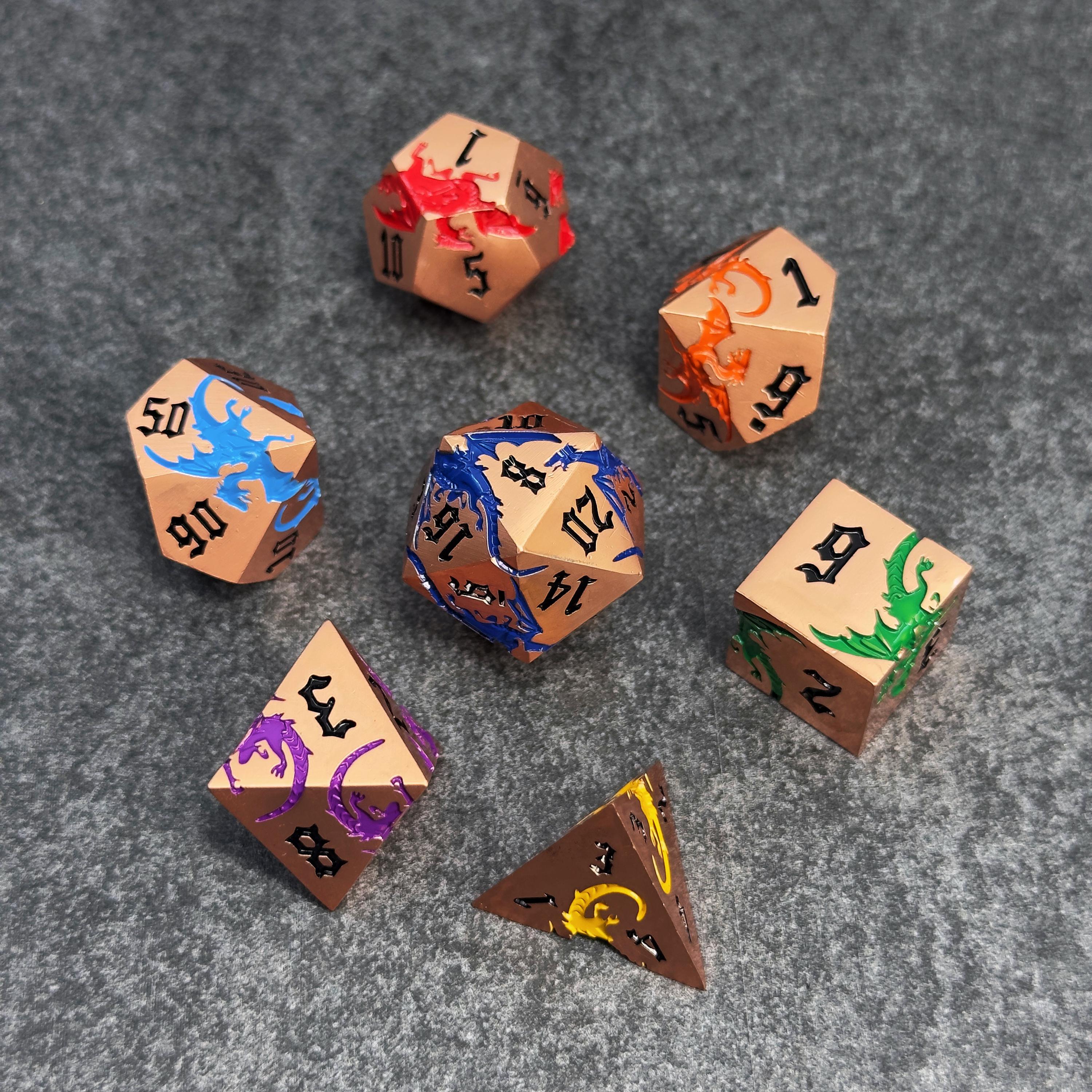 Metal DND Dice Set | Sage’s Chromatic Dragon Etchings | Rainbow Engraved Dragons Polyhedral Dice