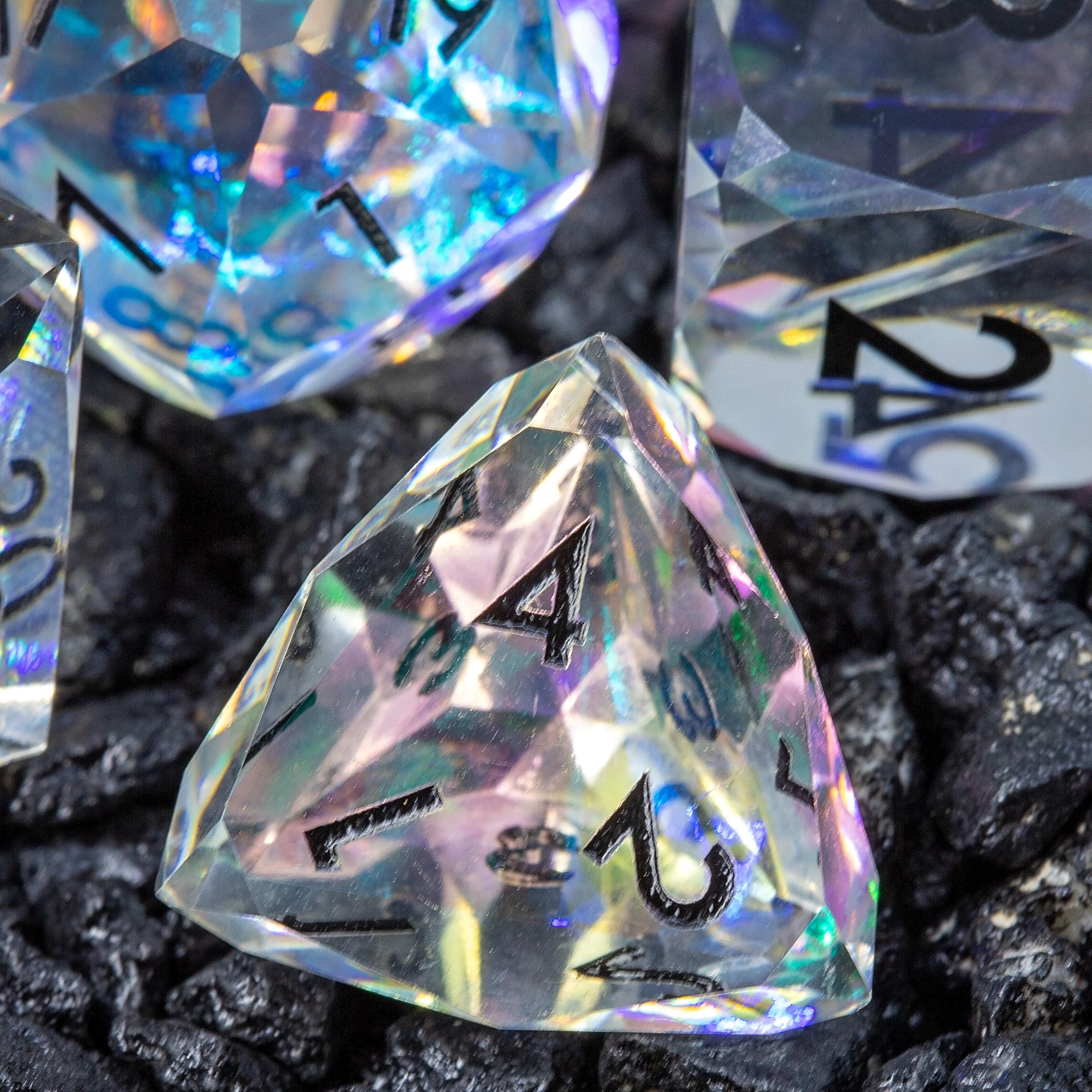 Faceted Resin DND Dice Set | Sage’s Faceted Crystals | Clear Gem Cut Design